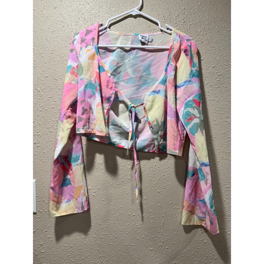 Princess Polly Multi Color Abstract Floral Tie‎ Front Crop Top Long Sleeve US 6